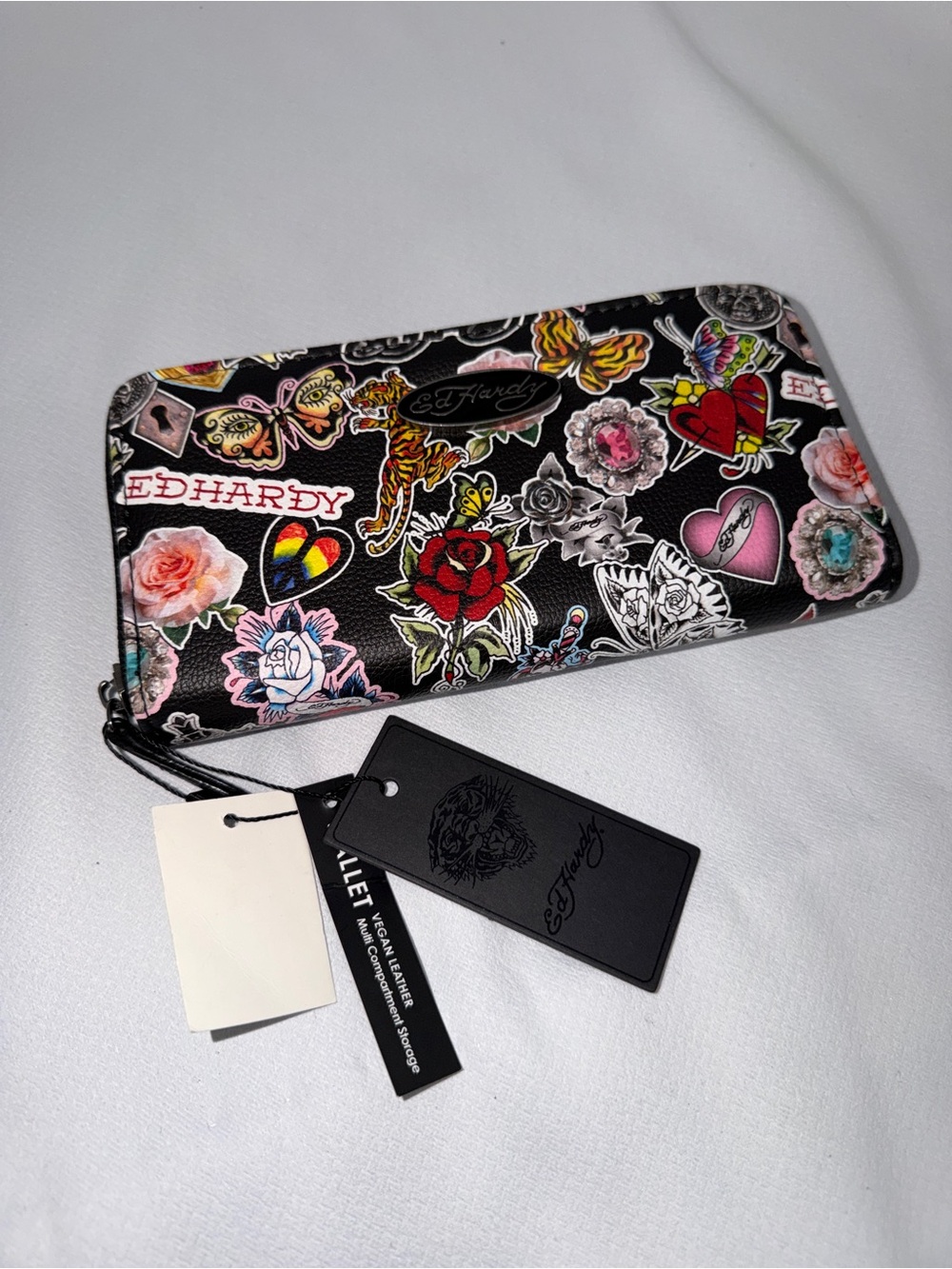 Ed Hardy Black Floral & Tattoo Zip-Around Wallet with Colorful Graphics